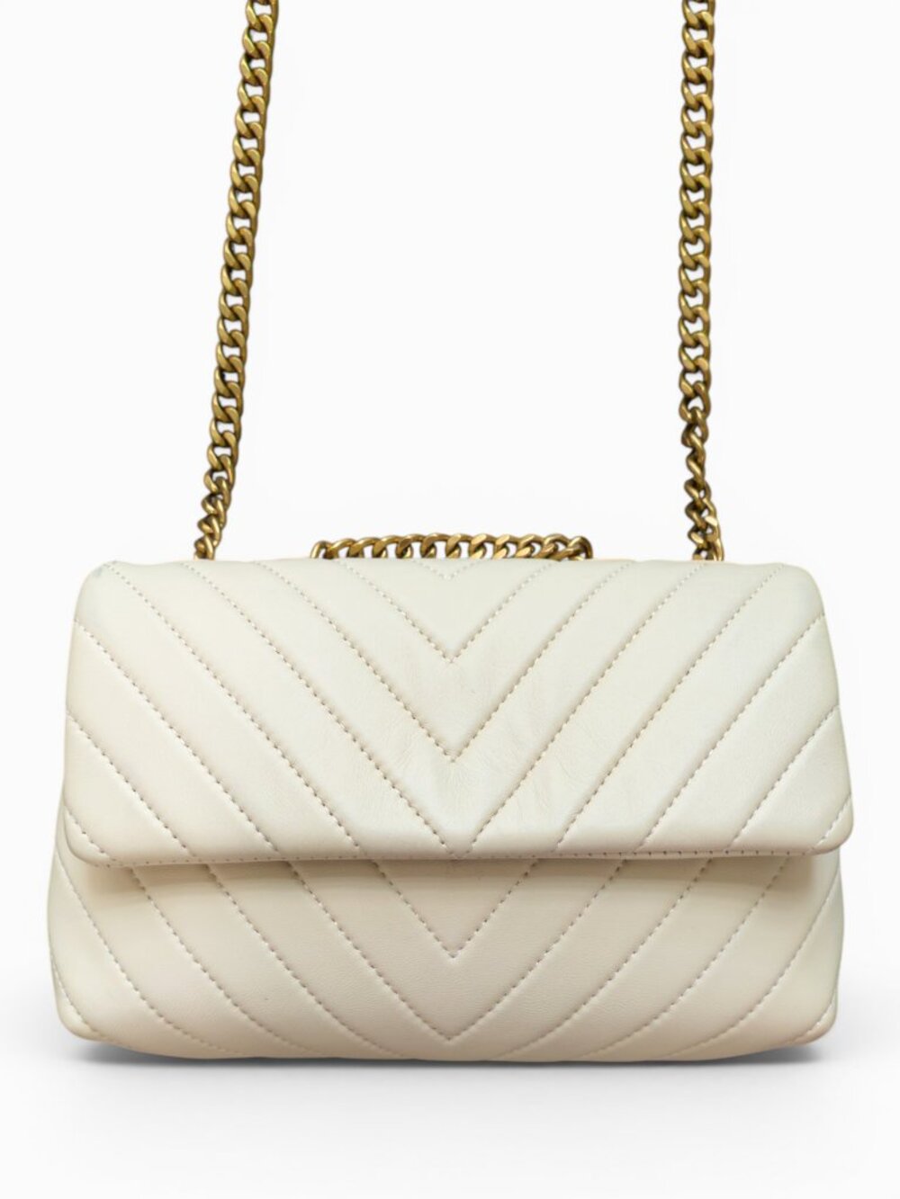 Quince Italian Leather Quilted Crossbody, Cream w/ Brass Chain, 9x6x3"